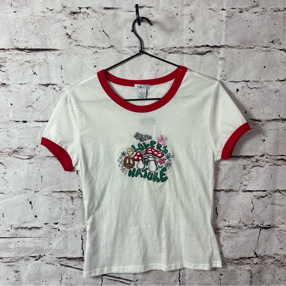 Rue21 White Tee with Red Trim and Green Floral Graphic